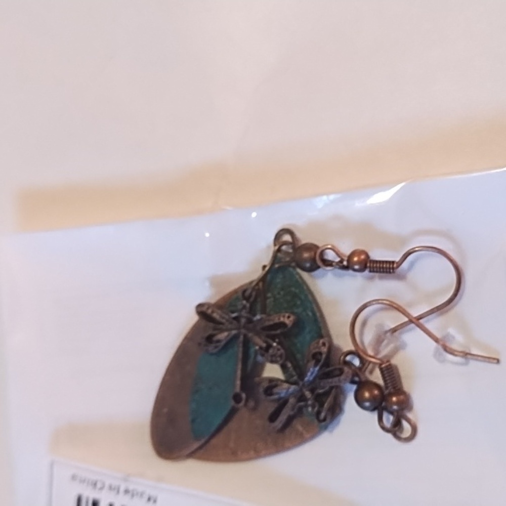 New Dragonfly Dangle Earrings in Copper and Teal - Picture 4 of 4